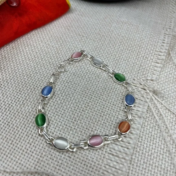 Stunning Vintage Sterling Silver Chainlink Bracelet with Multicolored Cabochons - Picture 7 of 16